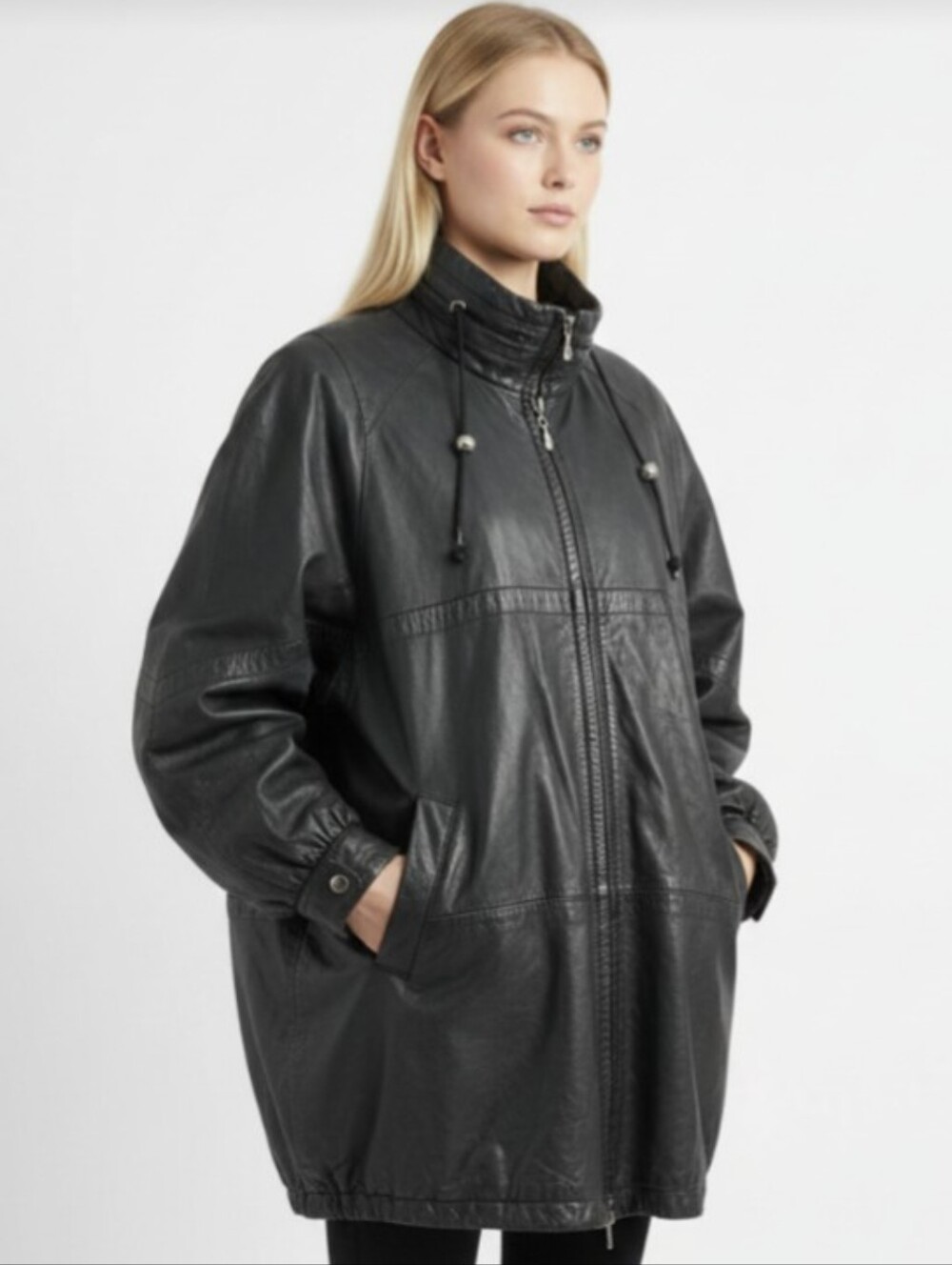 PELLE NEW YORK, MILANO! FINE BLACK GENUINE LEATHER PARKA STYLE COAT! SZ L